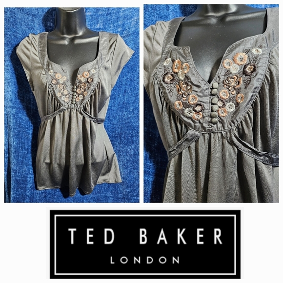 Y2K Ted Baker Silk Gray Embroidered Floral Tie Back Blouse Small - Picture 2 of 10